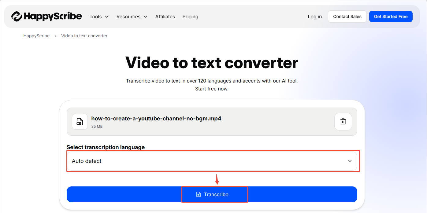 Set the transcription language and click on Transcribe in HappyScribe to start the transcription process