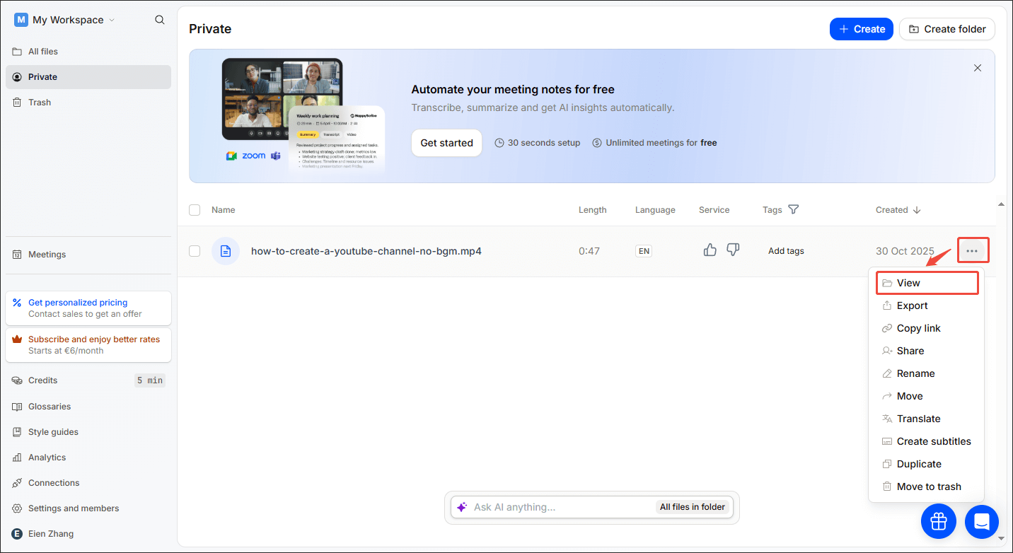 Click on the More icon and choose View in HappyScribe to view and edit the content
