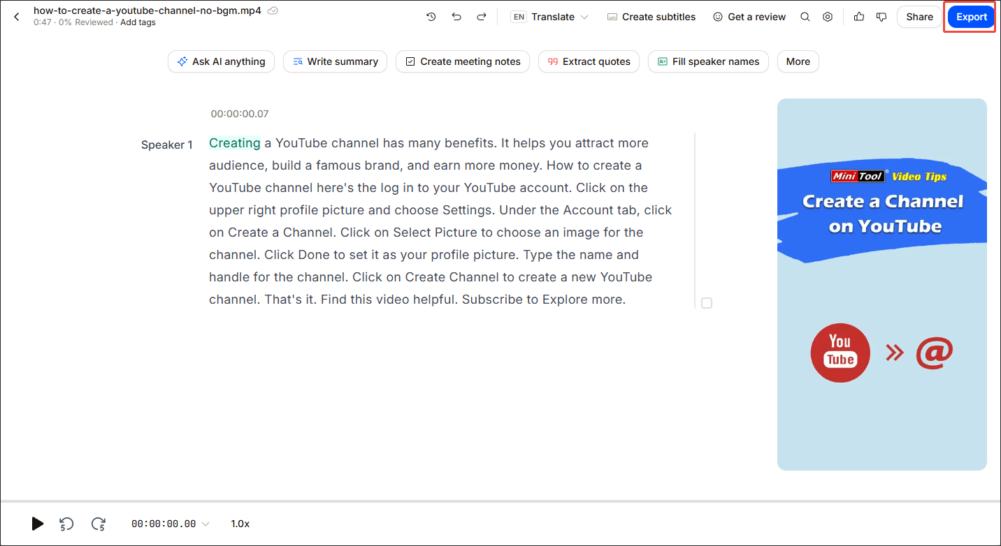Click on the Export option in HappyScribe to enter the Export window