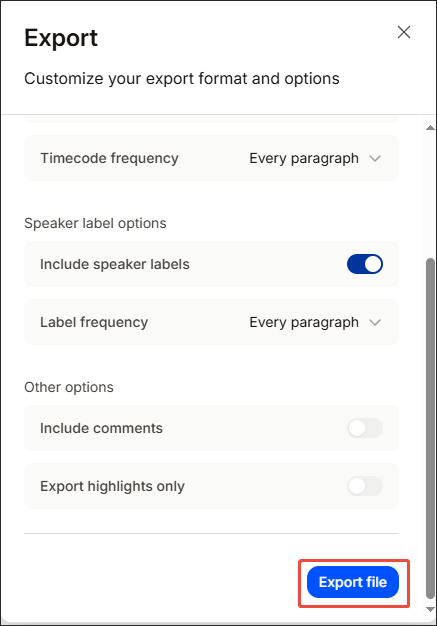 Click on Export file in HappyScribe to begin the transcription process