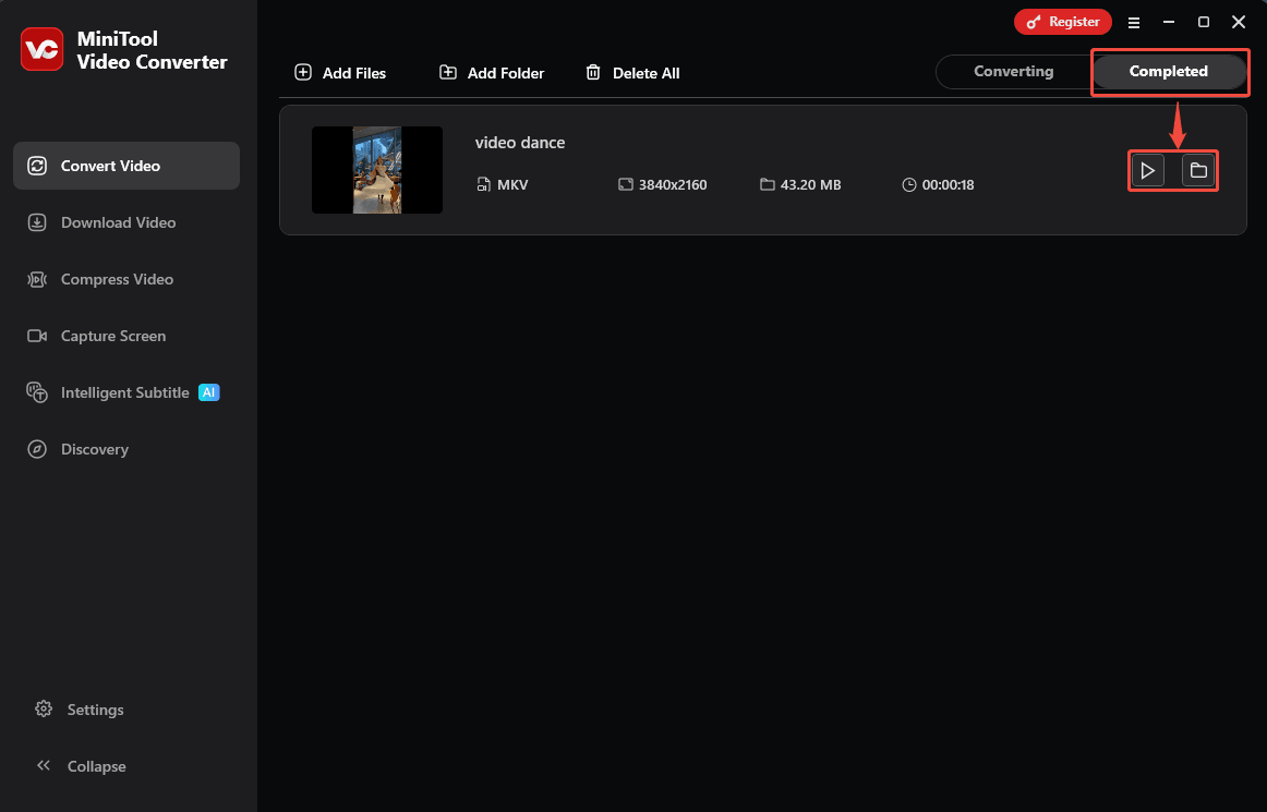 Click the Play icon or the Folder icon in MiniTool Video Converter to check or locate the converted video