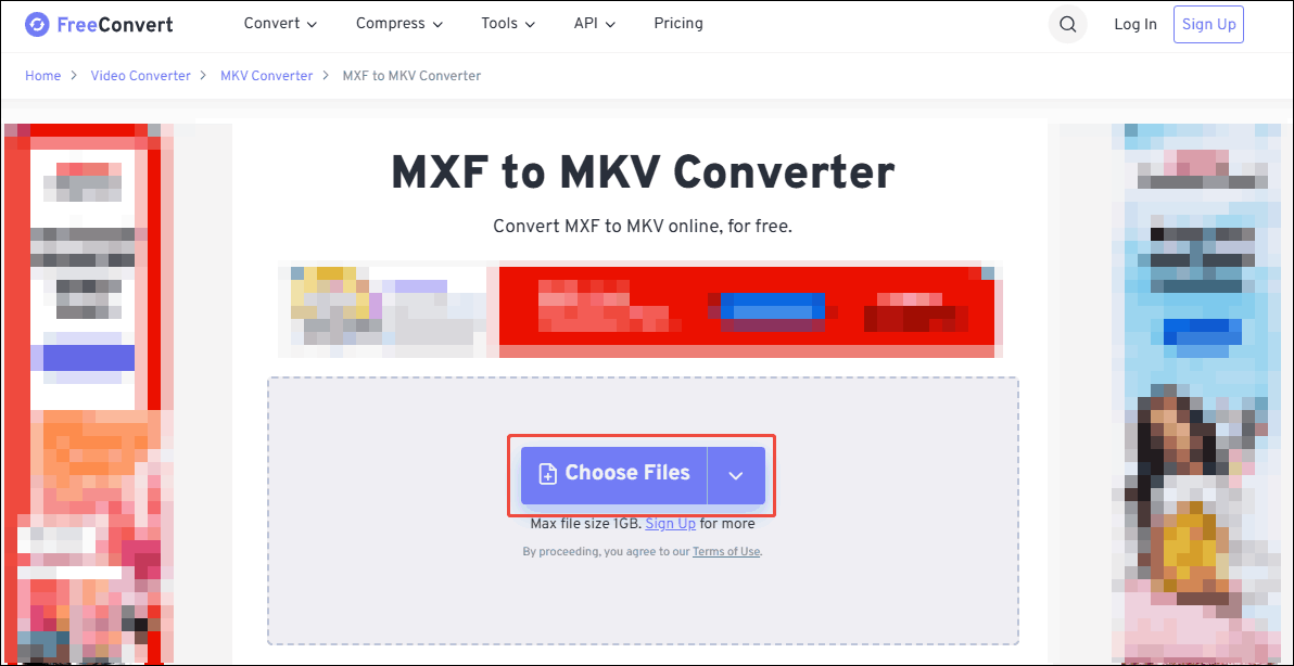 Click the Choose Files option in FreeConvert to import the MXF file