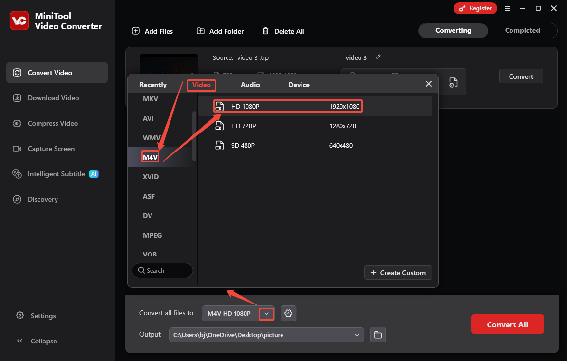 Choose M4V in the output format window of MiniTool Video Converter as the output format