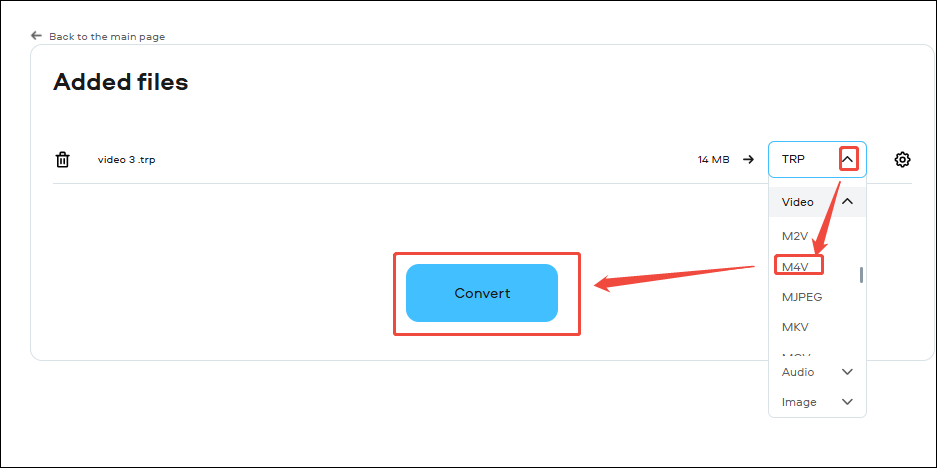 Select M4V as the output format and click the Convert button in Movavi Video Converter to start the conversion