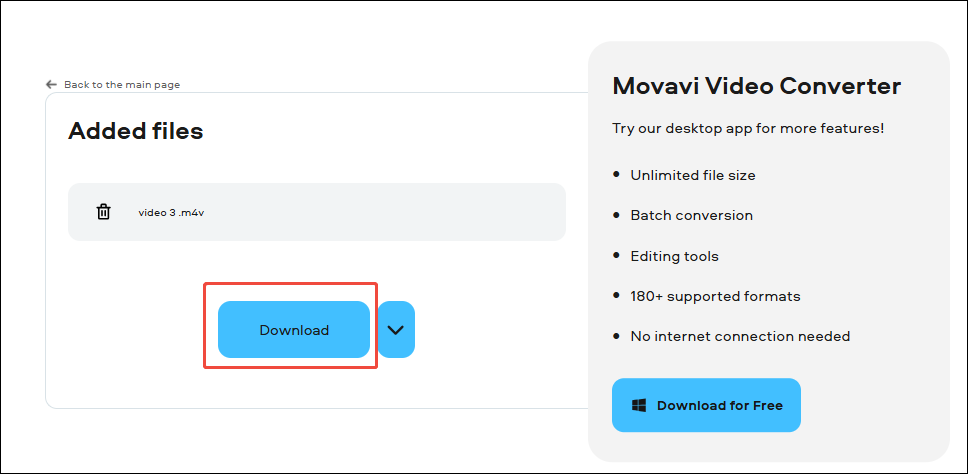 Click the Download button in Movavi Video Converter to save the converted video