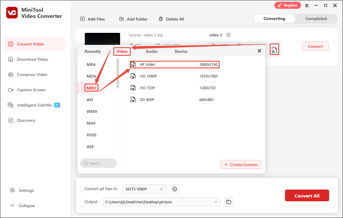 Select MKV in the output settings window of MiniTool Video Converter as the output format