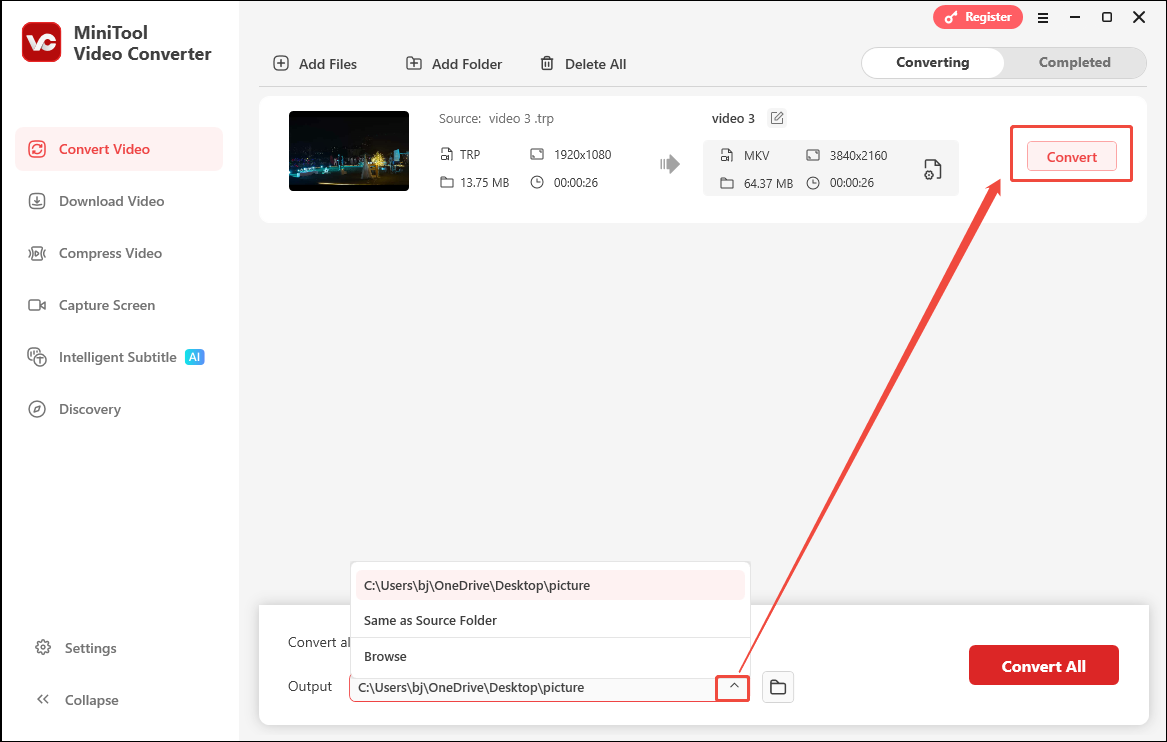 Expand the Output option and click the Convert button in MiniTool Video Converter to begin the conversion process