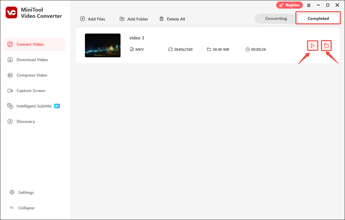 Click the Play icon or click the Folder icon under the Completed tab of MiniTool Video Converter to check or locate the converted file on your computer