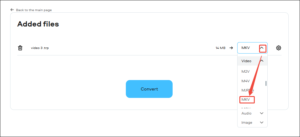 Expand the Format dropdown menu in Movavi Video Converter to choose MKV format as the converted format