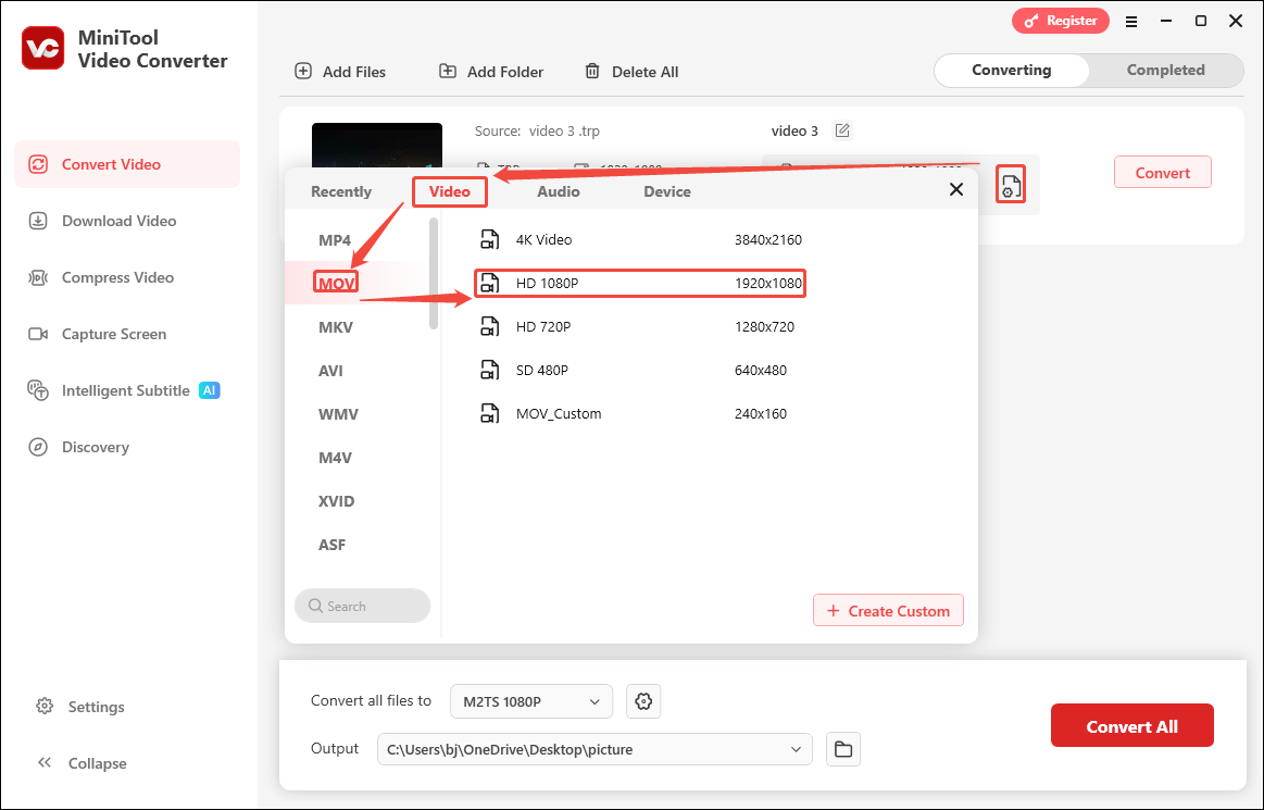 Choose MOV in the output format window of MiniTool Video Converter as the output format