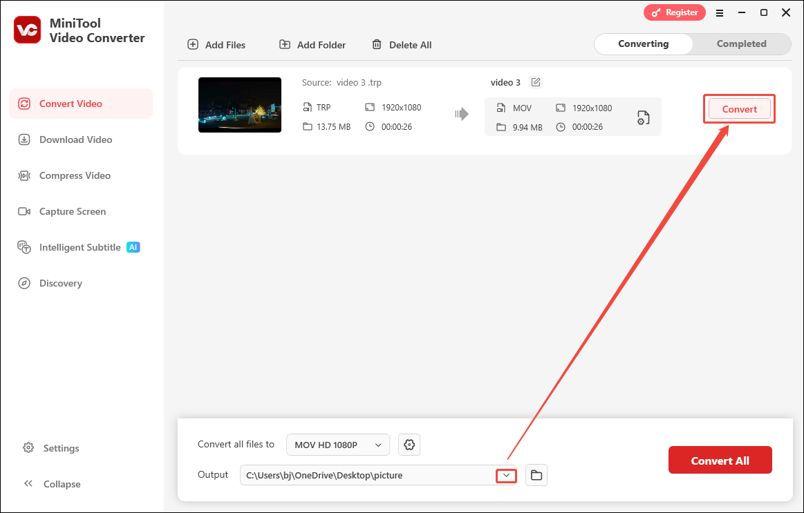 Expand the Output option and click the Convert button in MiniTool Video Converter to start the conversion