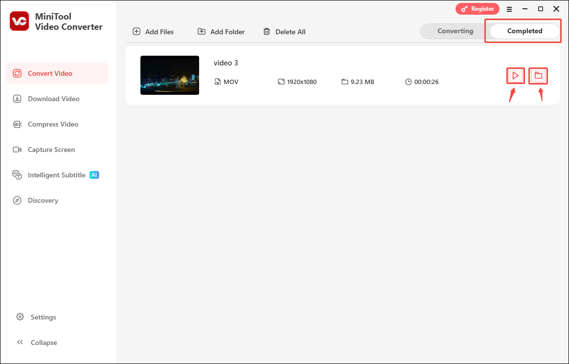 Click the Play icon or Folder icon in MiniTool Video Converter to view or locate the converted file