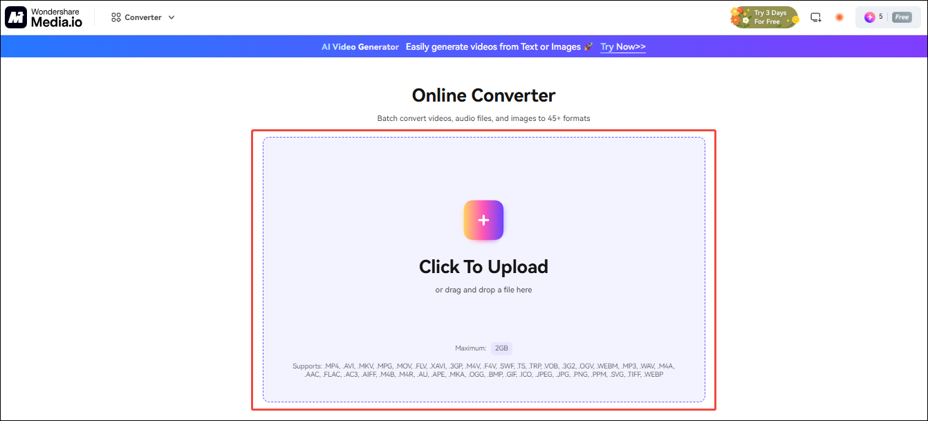 Click the Click To Upload area in Media.io to upload your TRP file
