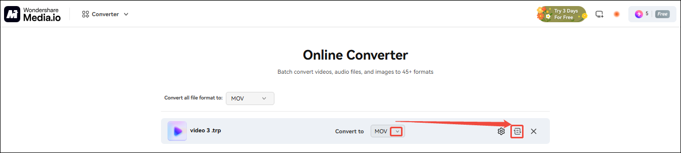 Expand the Convert to option and click the Convert icon in Media.io to choose MOV as the output format and start the conversion process