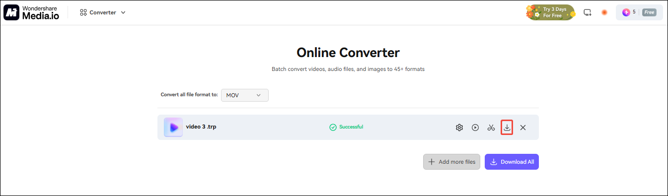 Click the Download icon in Media.io to download the converted file