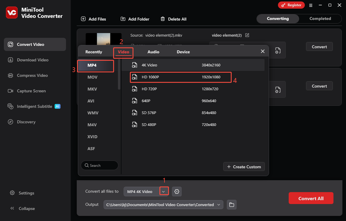 Expand the Convert all files to option in MiniTool Video Converter and choose MP4 as the output format