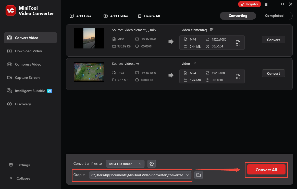 Expand the Output option and click on Convert All in MiniTool Video Converter to start the conversion process