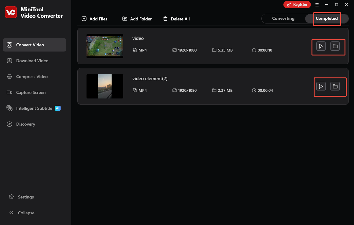 Click on the Play icon or the Folder icon in MiniTool Video Converter to view or locate the output files