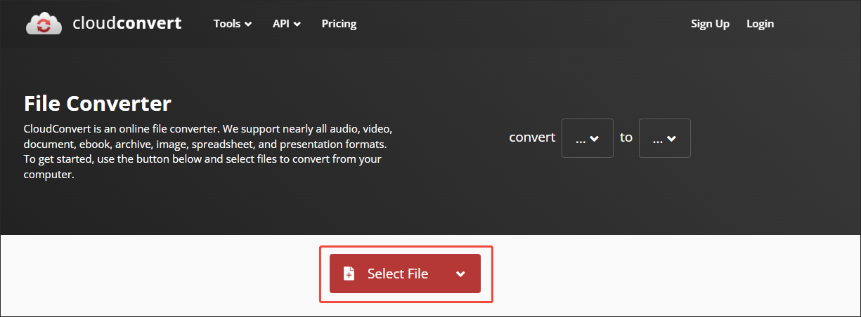 Click on the Select File button in CloudConvert to import the video