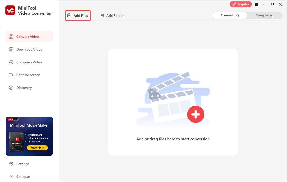 Click the Add Files option in MiniTool Video Converter to import your Xvid file