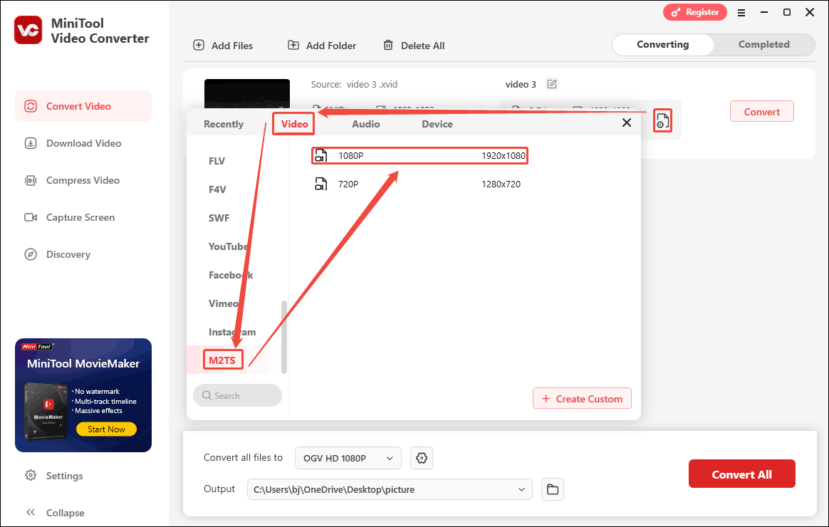 Choose M2TS in the output format window of MiniTool Video Converter as the output format