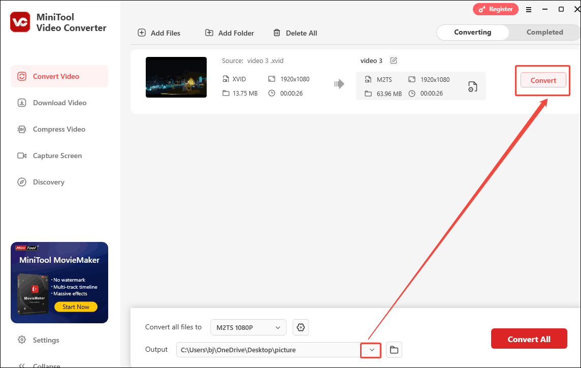 Expand the Output option to choose a storage location and click the Convert button in MiniTool Video Converter to start the conversion