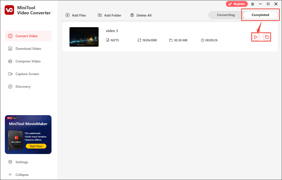 Click the Play icon or Folder icon in MiniTool Video Converter to view or locate the converted file