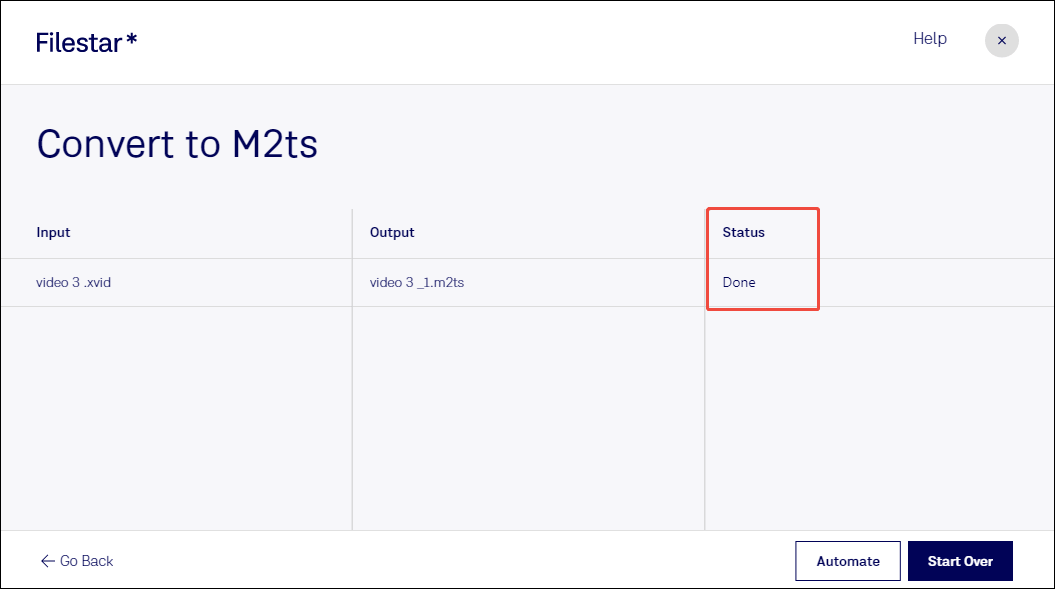 The interface of Xvid to M2TS conversion status in Filestar