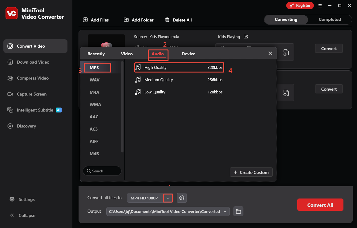 Expand the Convert all files to option in MiniTool Video Converter and choose MP3 High Quality as the output format