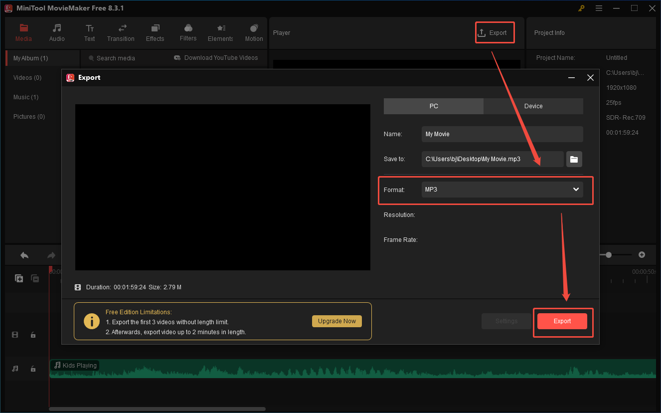 Choose MP3 as the output format and click on the Export button in the Export window of MiniTool MovieMaker to start saving the converted audio