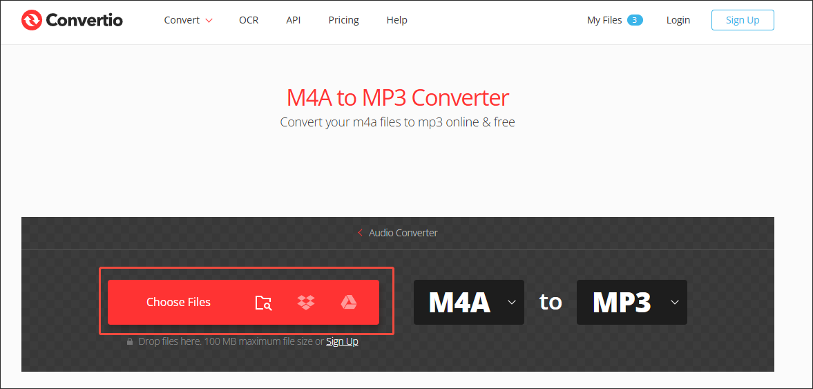 Click on Choose Files in Convertio to import your M4A files