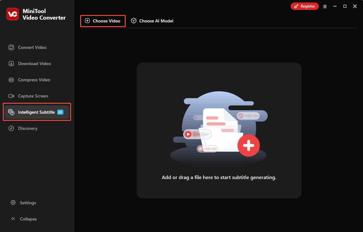 Click the Choose Video option under the Intelligent Subtitle module of MiniTool Video Converter to trigger the Choose AI Model window