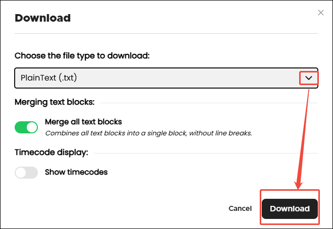 Choose a format for the converted file and click the Download button in Transcri.io to save the converted file