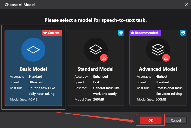 Choose Basic Model and click the OK button in the Choose AI Model window of MiniTool Video Converter to apply the settings