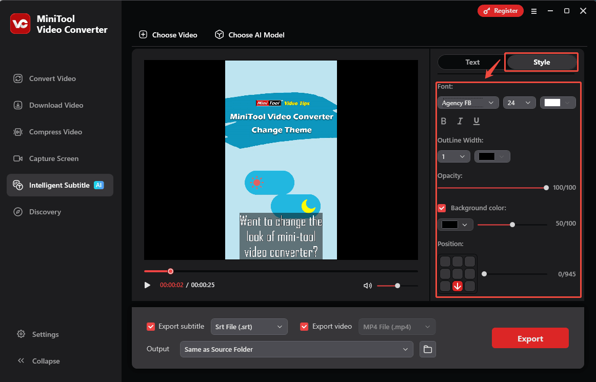 Customize the font, outline width, opacity, background color, and position of the subtitles in the Intelligent Subtitle module of MiniTool Video Converter