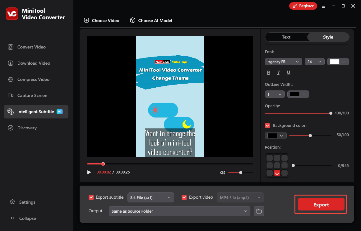 Choose a storage location and click the Export button in the Intelligence Subtitle tab to begin the export process