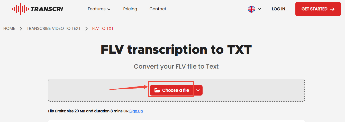 Click the Choose a file option in Transcri.io to upload the FLV video