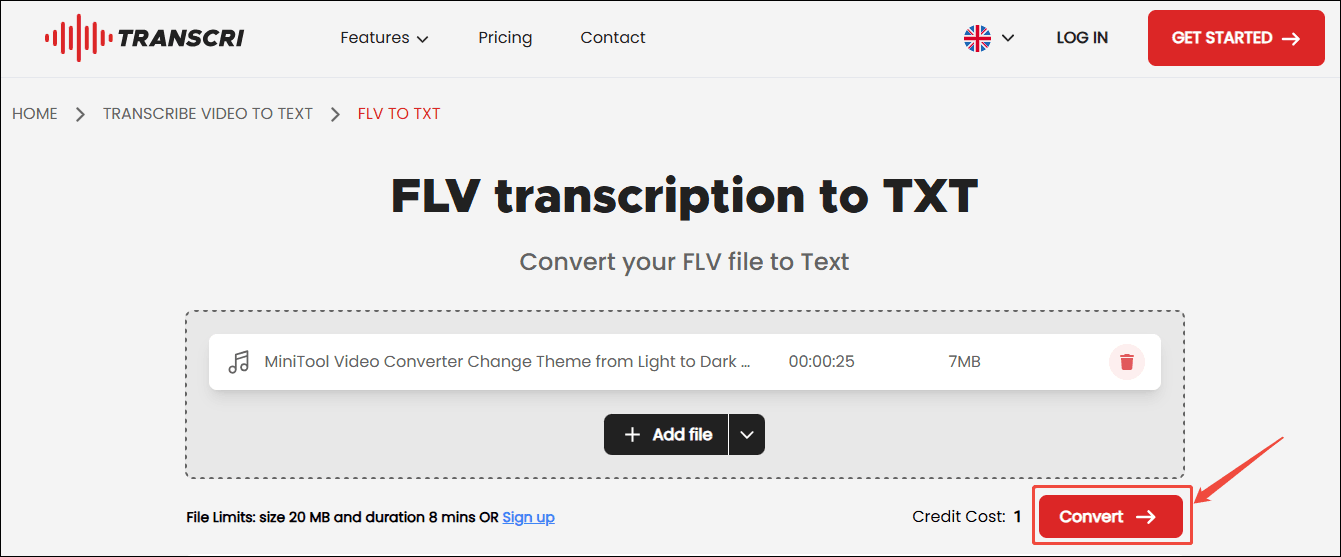 Click the Convert button in Transcri.io to start the conversion process