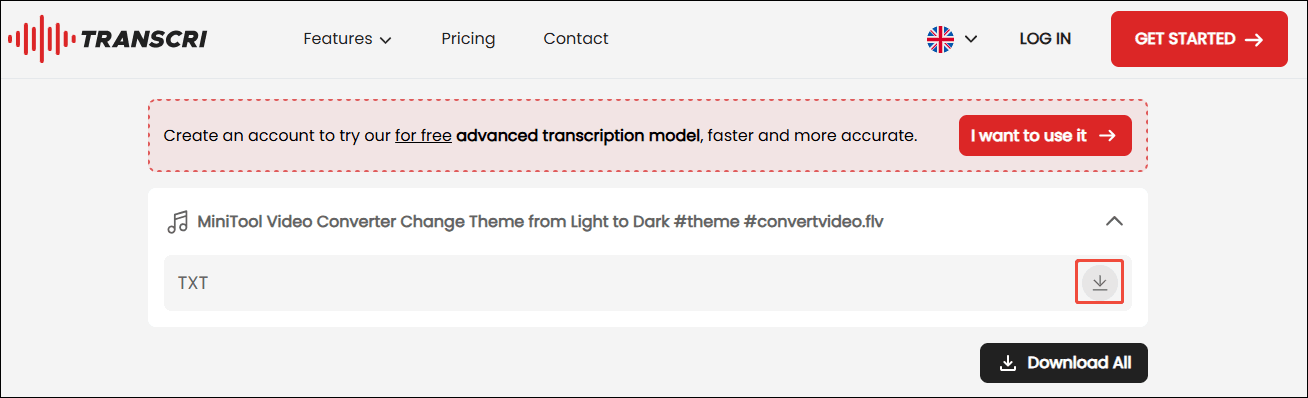 Click the Download icon in Transcri.io to enter the Download window