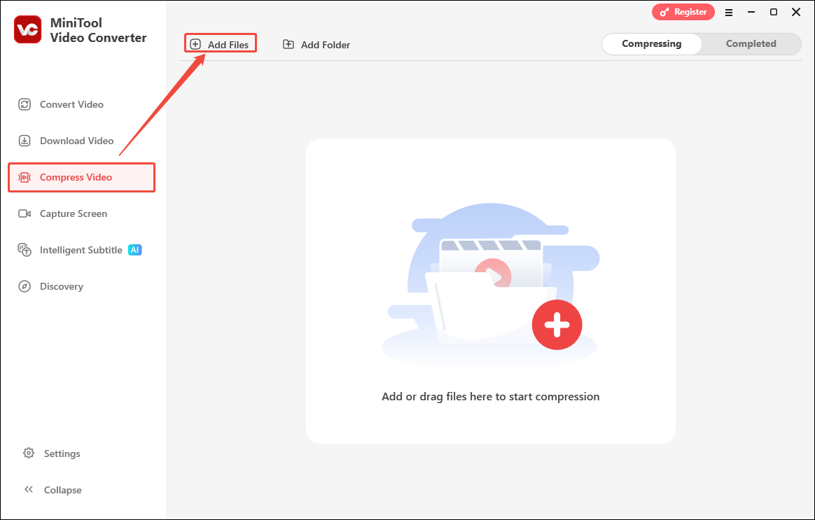 Click the Add Files option under the Compress Video module of MiniTool Video Converter to import your target video