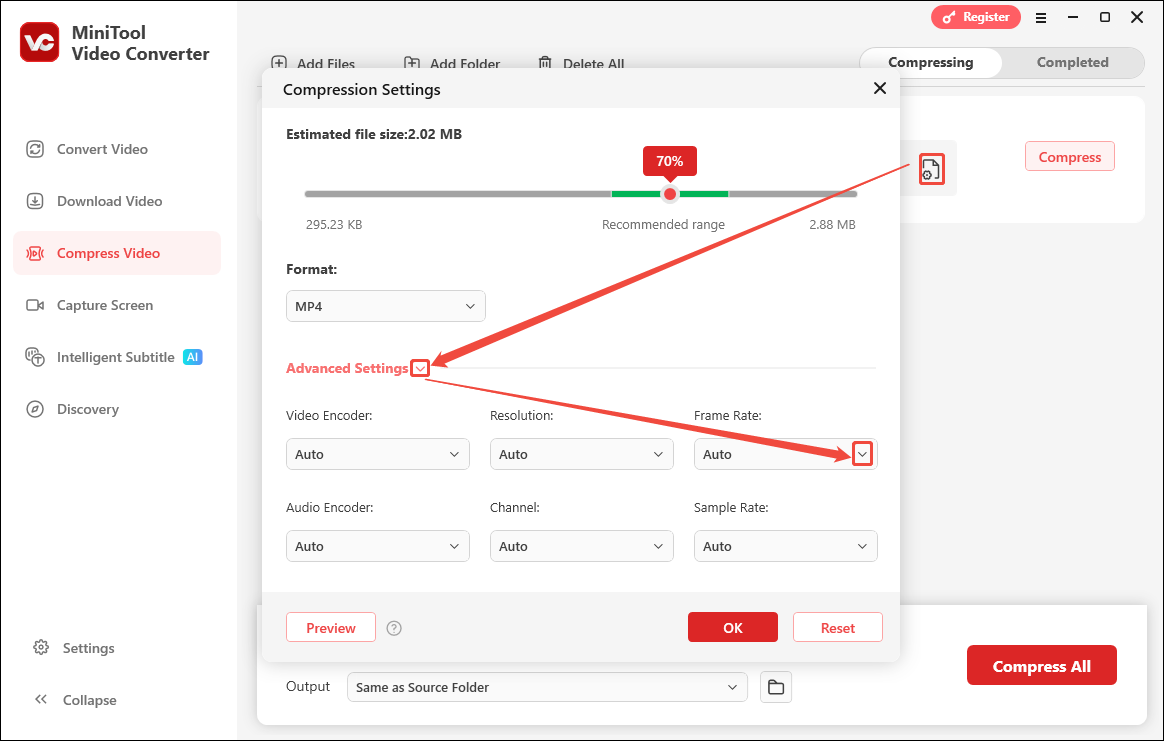 Expand the Frame Rate option in the Compression Settings window of MiniTool Video Converter to choose a frame rate