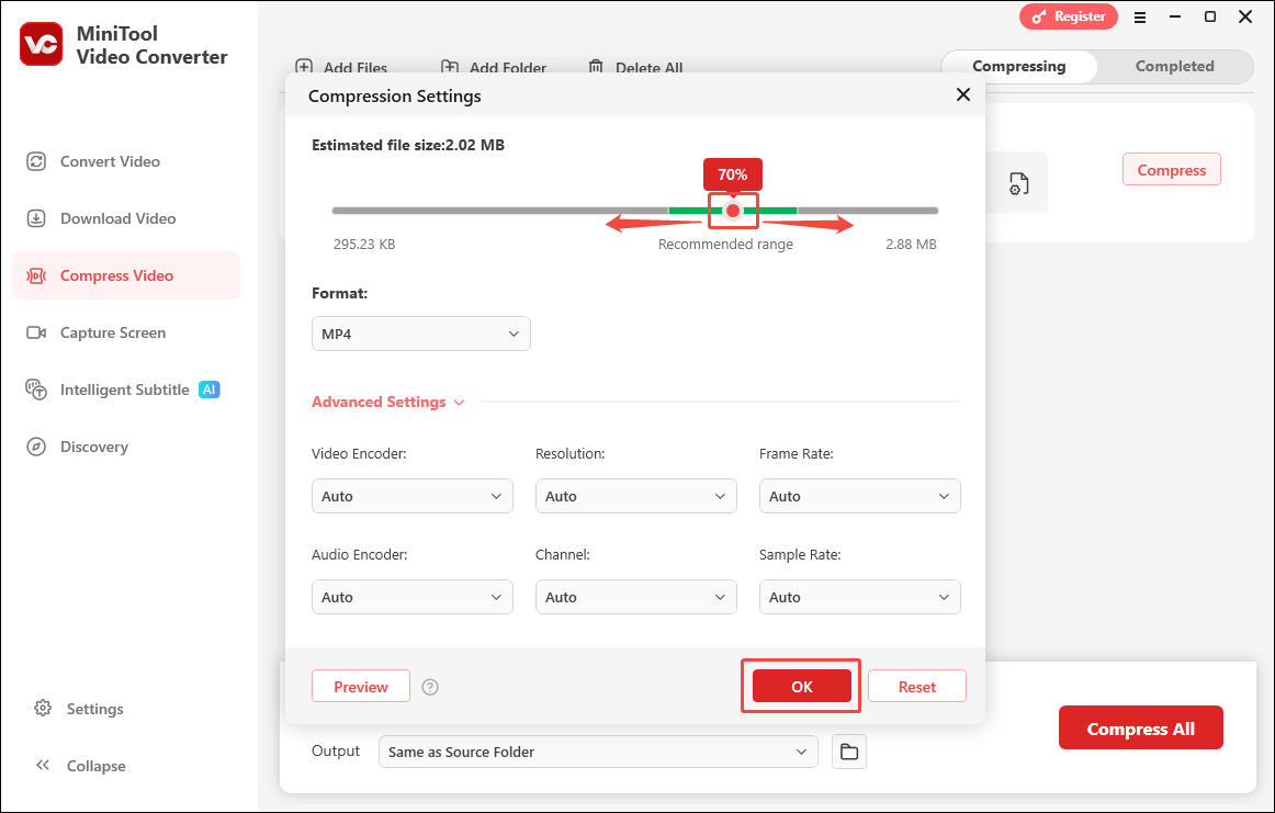 Drag the red dot and click on the OK button in the Compression Settings window of MiniTool Video Converter to save the change