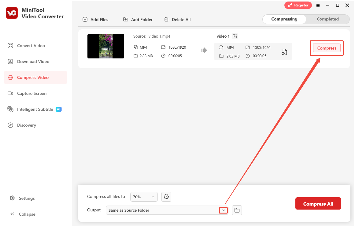 Expand the bottom Output and click the Compress button in MiniTool Video Converter to start the compression process