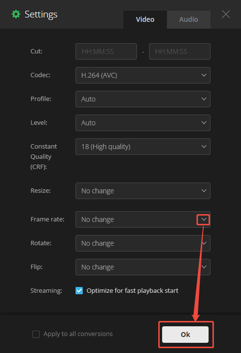 Expand the Frame Rate option and click the OK button in the Settings window of Convertio to choose a frame rate