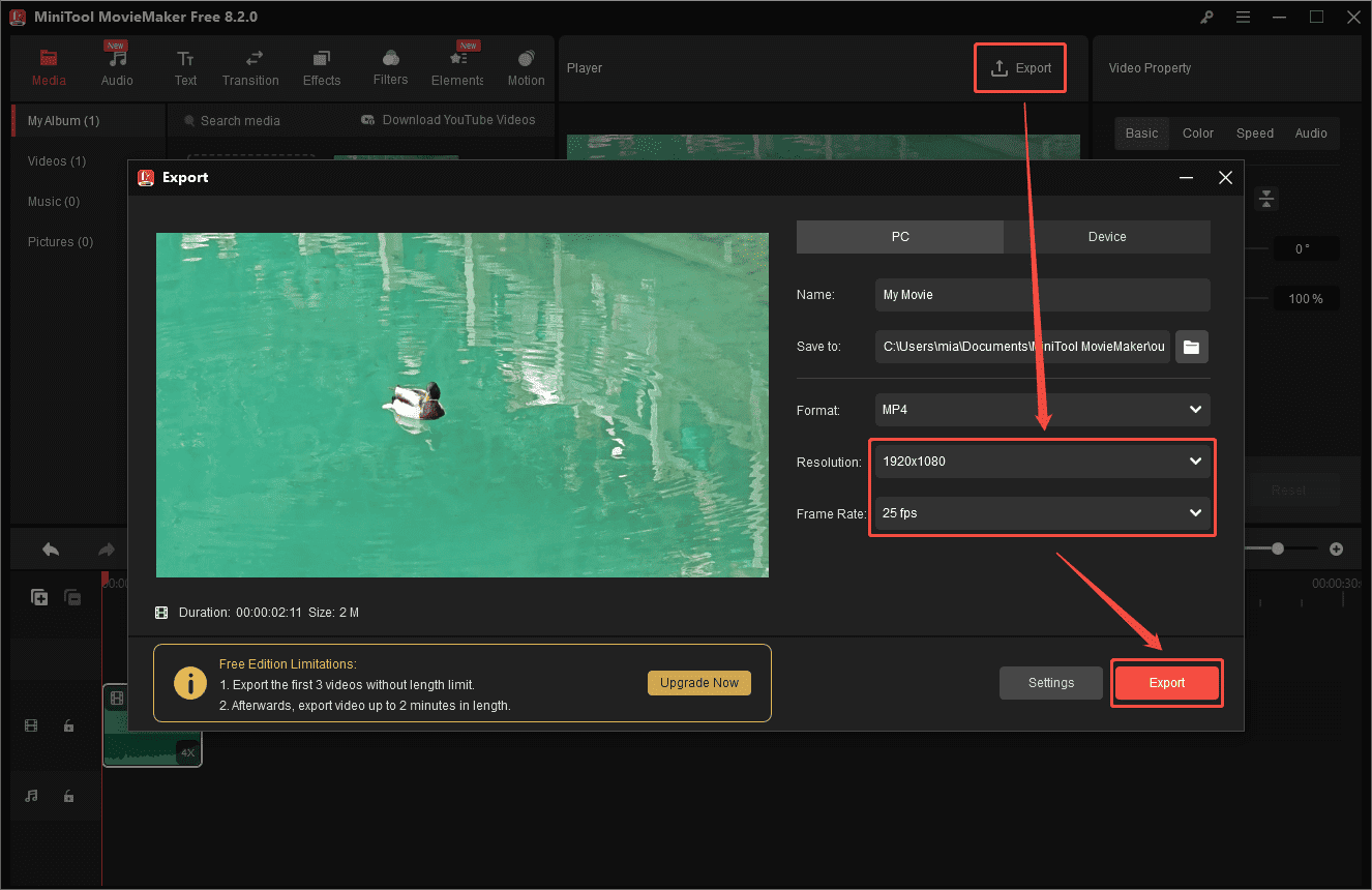 Exportfenster aufrufen und weitere Parameter wie Auflösung, Bildrate anpassen