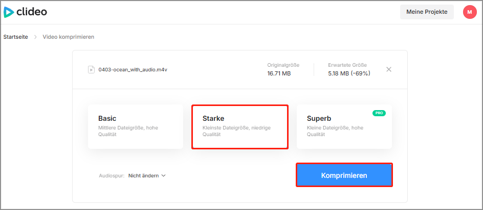 Starke als Komprimierungsstufe festlegen und auf „Komprimieren“ klicken