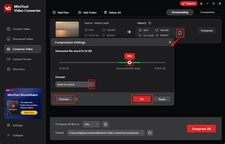 Komprimierungsprozentsatz über den roten Punkt festlegen und das komprimierte Video in der Vorschau anzeigen
