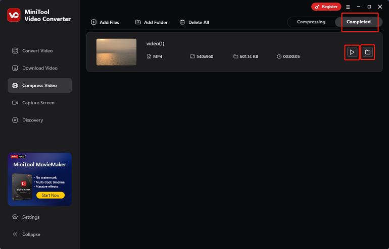 komprimiertes Video durch Klicken auf die entsprechenden Symbole abspielen oder dessen Speicherort öffnen