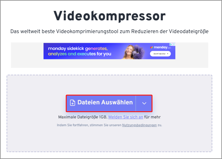 zum Videoupload auf FreeConvert klicken Sie auf „Dateien Auswählen“