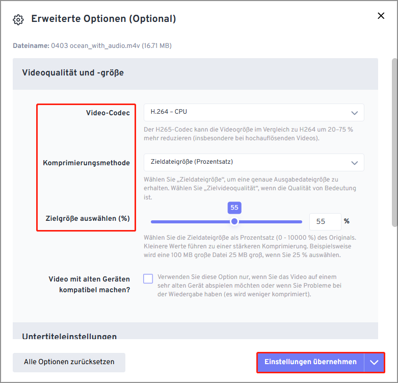 Video-Codec, Komprimierungsmethode und Zielgröße im Popup-Fenster auswählen